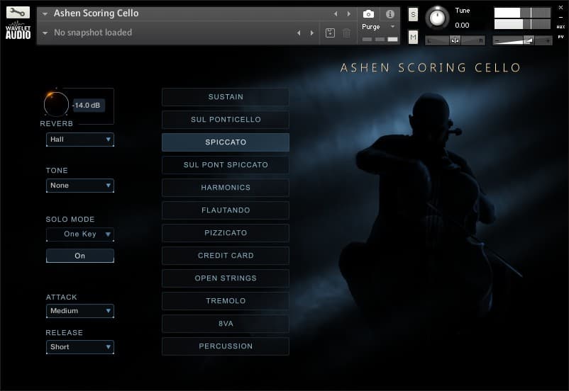 Access the individual articulations in Ashen Scoring Cello's standard mode.