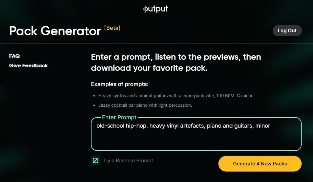 Pack Generator will create a royalty-free sample pack based on your AI text prompt.