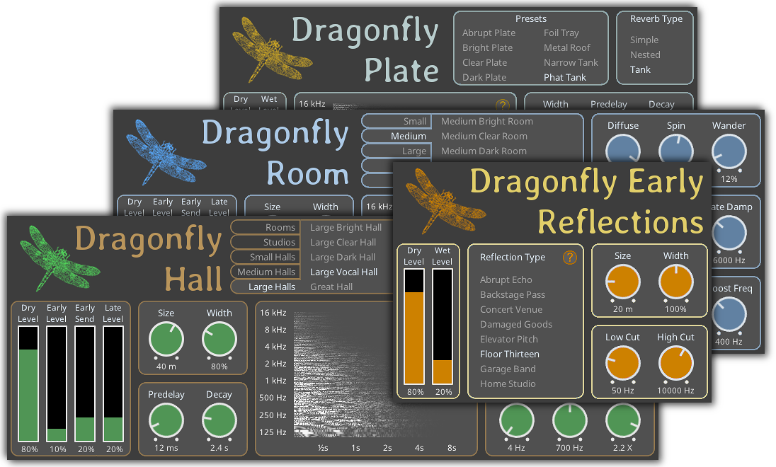 Dragonfly Reverb Hall, Room, Plate, and Early Reflections plugins